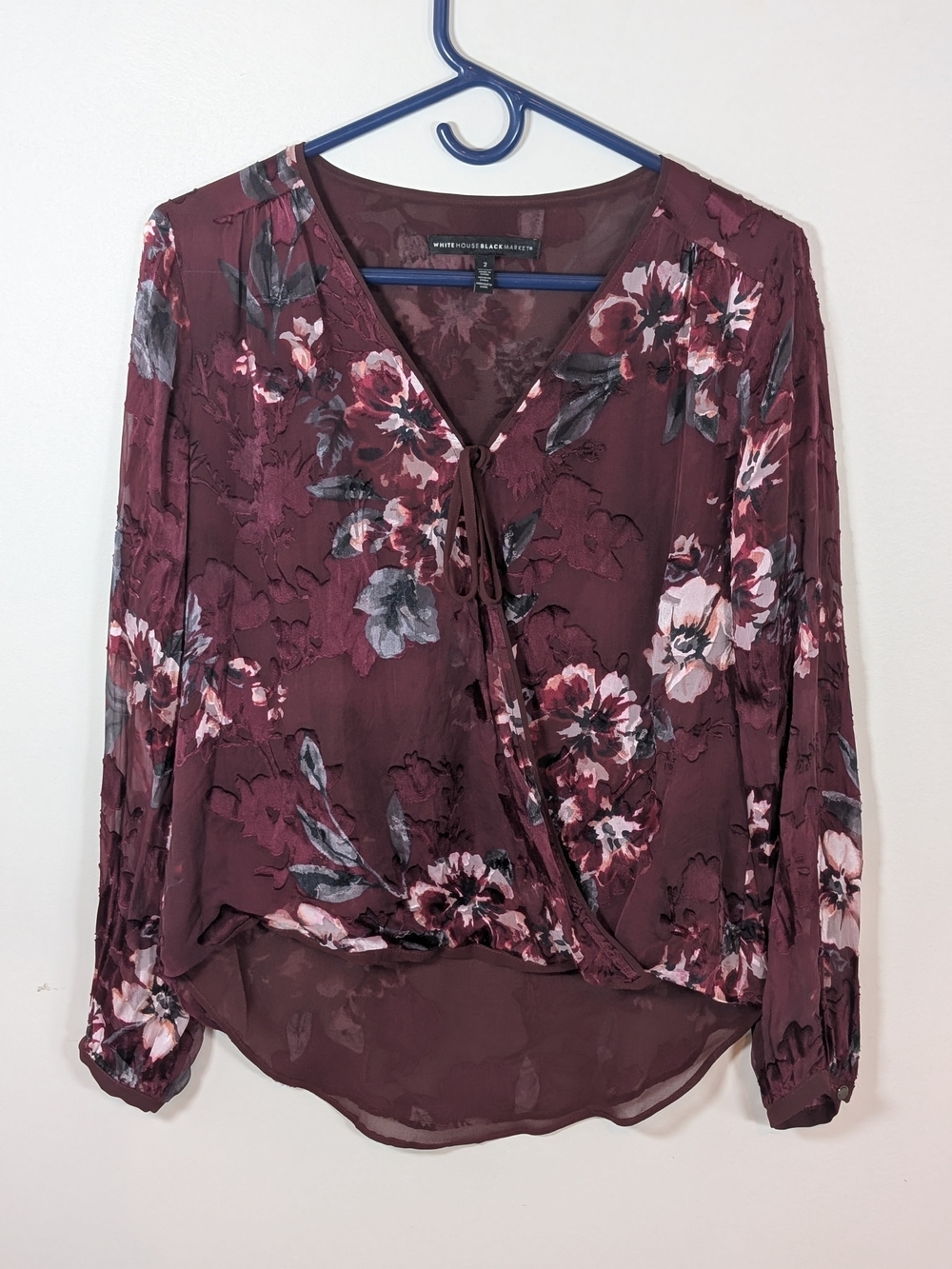 Polyester blouse, White House Black Market floral surplice top size 2